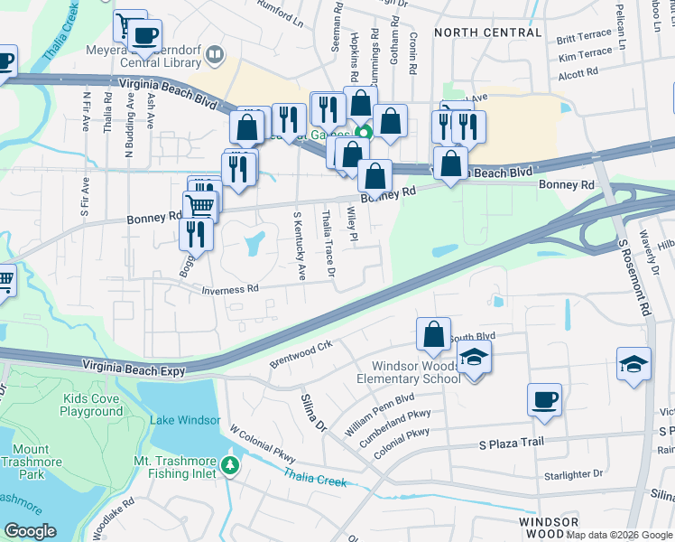 map of restaurants, bars, coffee shops, grocery stores, and more near 222 Thalia Trace Drive in Virginia Beach