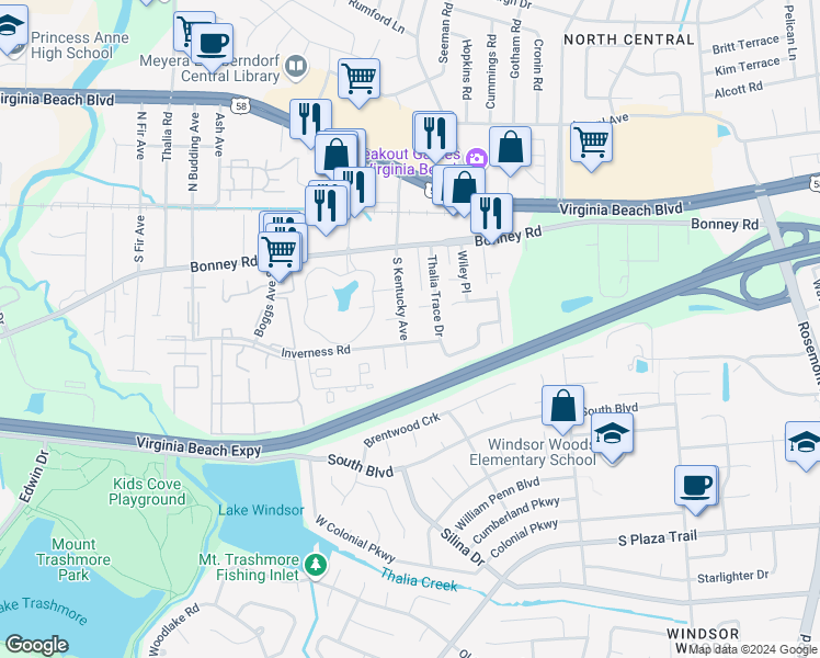 map of restaurants, bars, coffee shops, grocery stores, and more near 156 South Kentucky Avenue in Virginia Beach