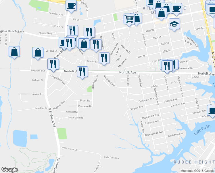 map of restaurants, bars, coffee shops, grocery stores, and more near 1119 Black Duck Court in Virginia Beach