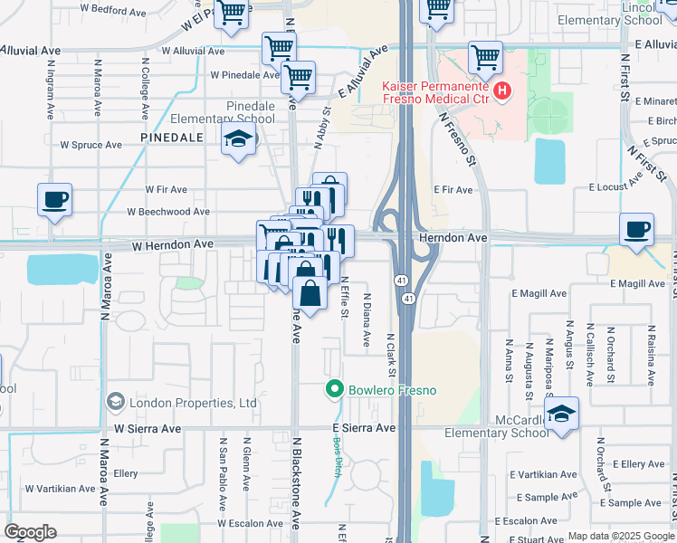 map of restaurants, bars, coffee shops, grocery stores, and more near 6652 North Blackstone Avenue in Fresno