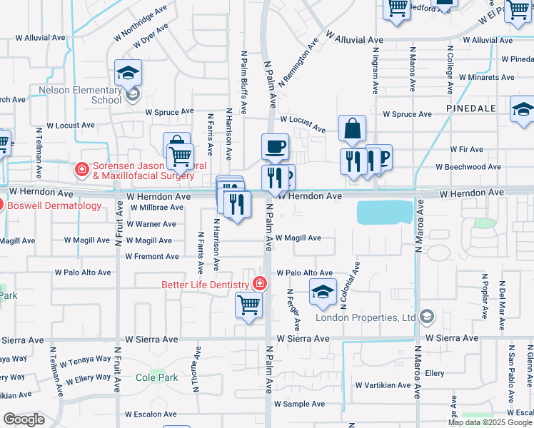 map of restaurants, bars, coffee shops, grocery stores, and more near 4481 North Palm Avenue in Fresno