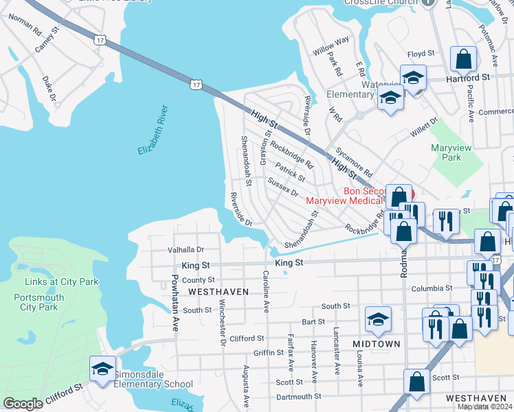 map of restaurants, bars, coffee shops, grocery stores, and more near 523 Shenandoah Street in Portsmouth