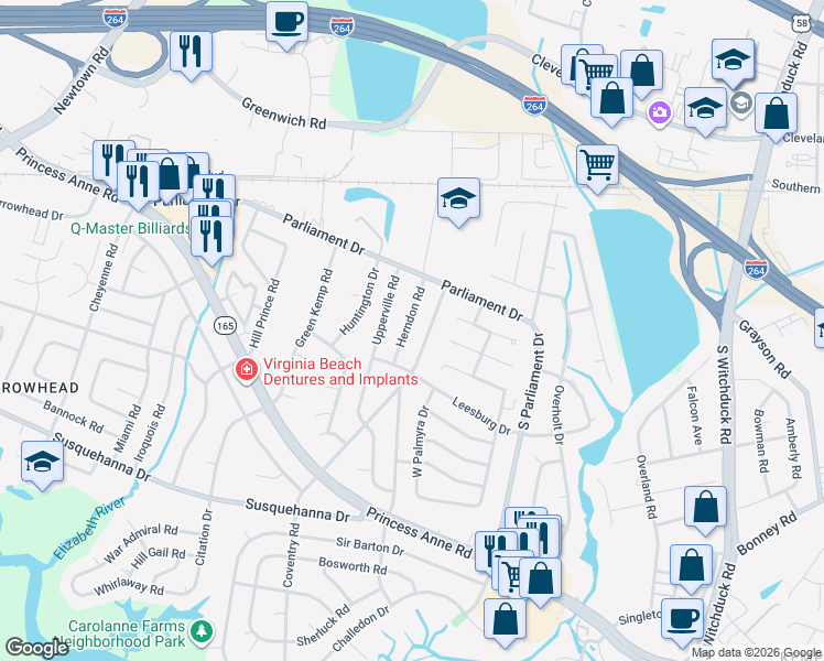map of restaurants, bars, coffee shops, grocery stores, and more near 190 Coventry Road in Virginia Beach