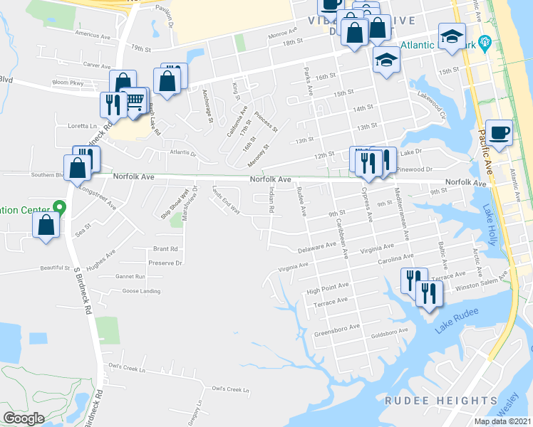 map of restaurants, bars, coffee shops, grocery stores, and more near 1000 Angler Lane in Virginia Beach
