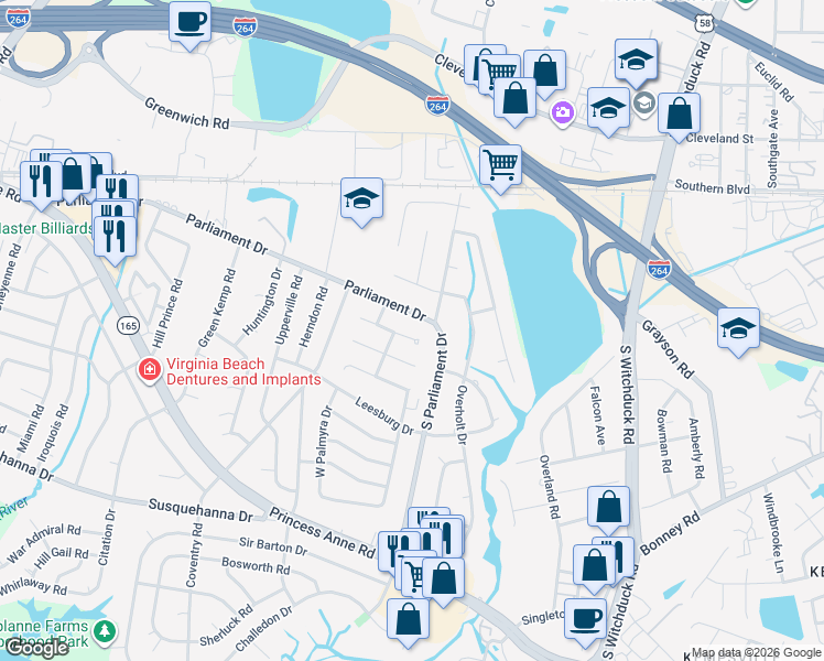 map of restaurants, bars, coffee shops, grocery stores, and more near 5322 Leicester Court in Virginia Beach