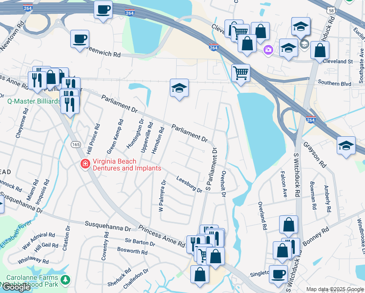 map of restaurants, bars, coffee shops, grocery stores, and more near 5361 Leicester Court in Virginia Beach