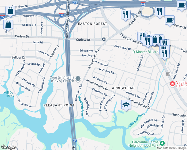 map of restaurants, bars, coffee shops, grocery stores, and more near 5824 Susquehanna Drive in Virginia Beach