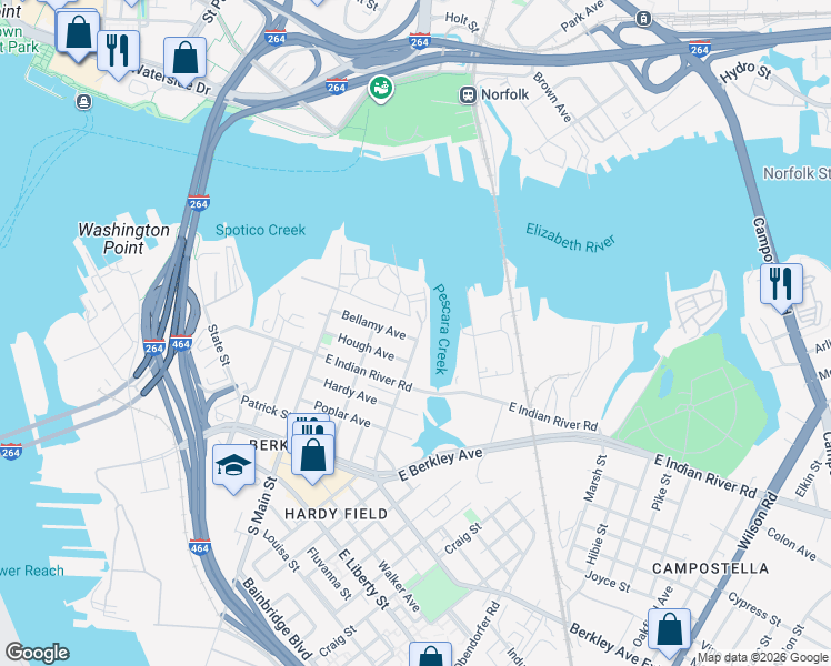 map of restaurants, bars, coffee shops, grocery stores, and more near 308 Fauquier Street in Norfolk