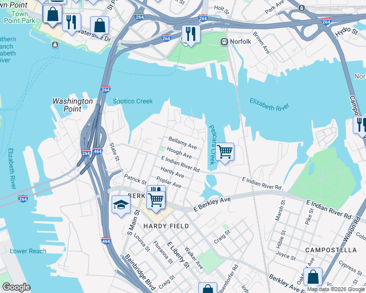 map of restaurants, bars, coffee shops, grocery stores, and more near 209 Hough Avenue in Norfolk