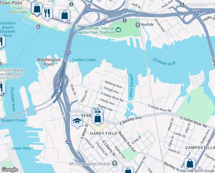 map of restaurants, bars, coffee shops, grocery stores, and more near 120 East Indian River Road in Norfolk