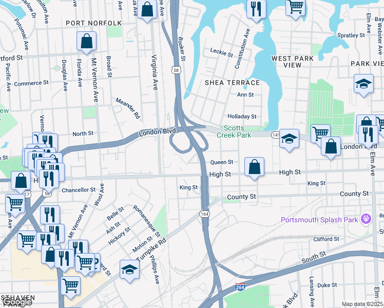 map of restaurants, bars, coffee shops, grocery stores, and more near 2213 Queen Street in Portsmouth