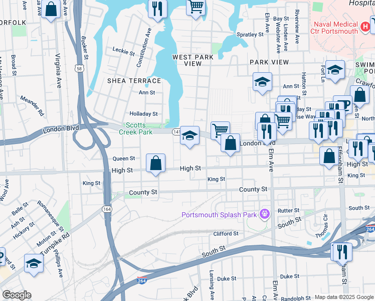 map of restaurants, bars, coffee shops, grocery stores, and more near 1801 London Boulevard in Portsmouth