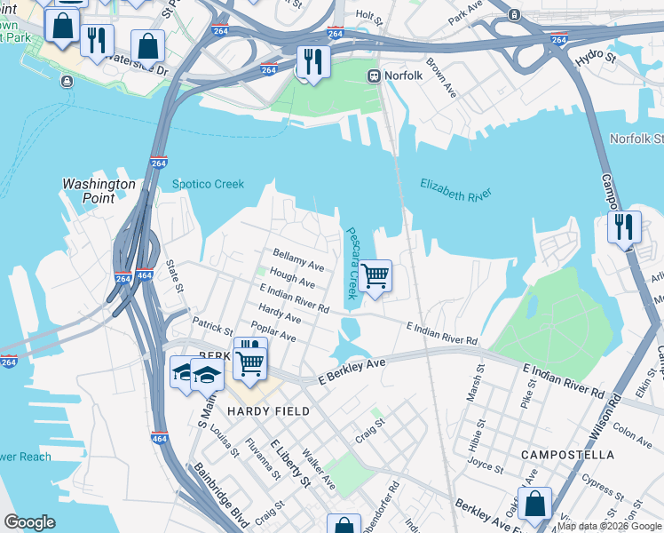 map of restaurants, bars, coffee shops, grocery stores, and more near 308 Fauquier Street in Norfolk
