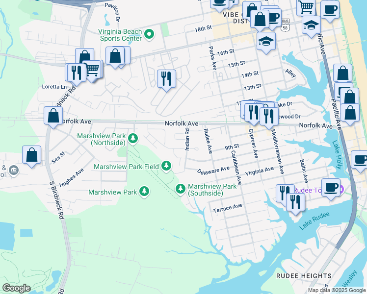 map of restaurants, bars, coffee shops, grocery stores, and more near 1012 Lands End Way in Virginia Beach