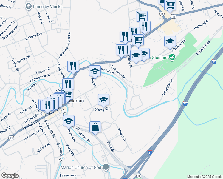 map of restaurants, bars, coffee shops, grocery stores, and more near 203 Locust Street in Marion