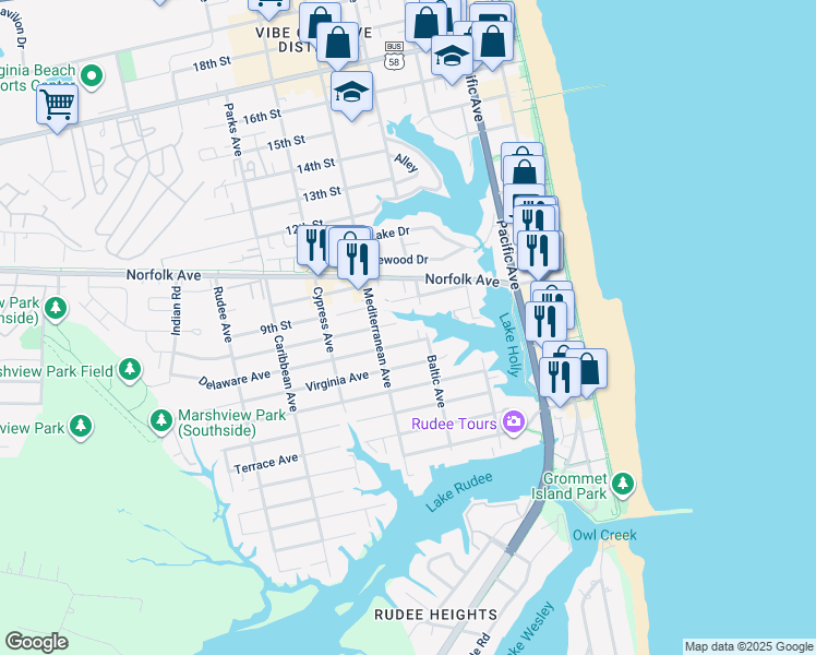 map of restaurants, bars, coffee shops, grocery stores, and more near 510 Maryland Avenue in Virginia Beach