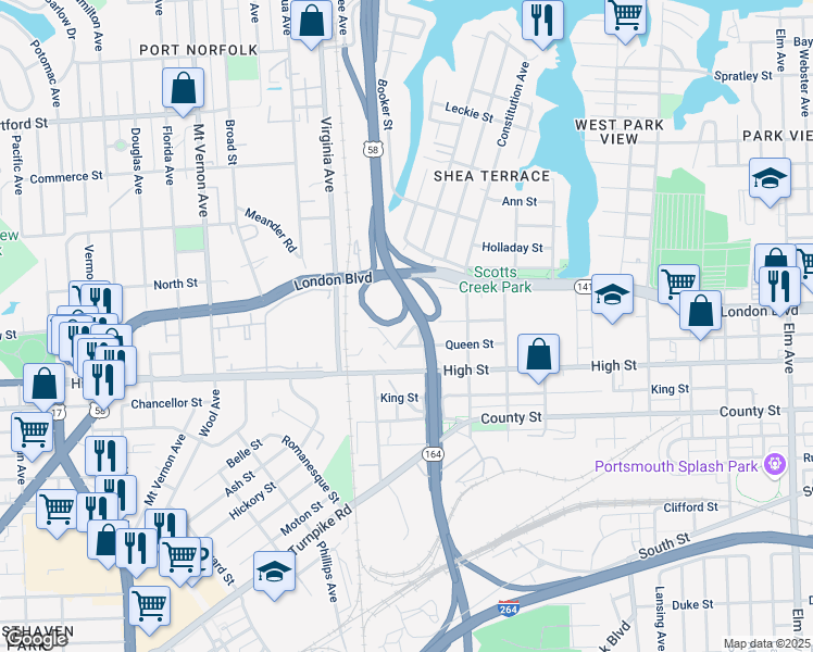 map of restaurants, bars, coffee shops, grocery stores, and more near 2213 Queen Street in Portsmouth