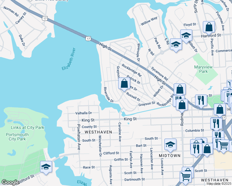map of restaurants, bars, coffee shops, grocery stores, and more near 523 Shenandoah Street in Portsmouth