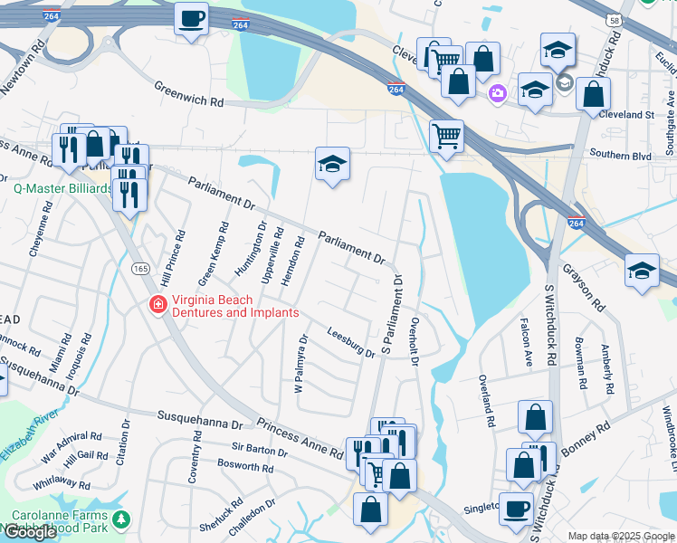 map of restaurants, bars, coffee shops, grocery stores, and more near 5361 Leicester Court in Virginia Beach