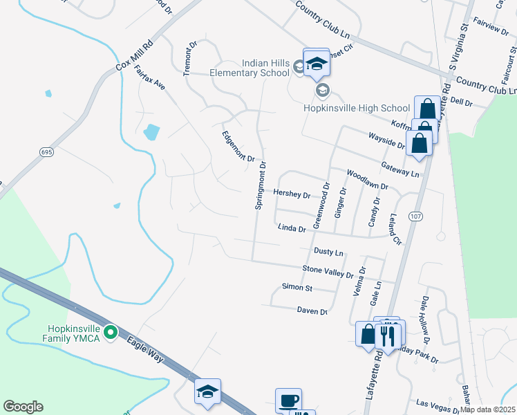 map of restaurants, bars, coffee shops, grocery stores, and more near 910 Springmont Drive in Hopkinsville