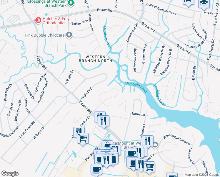 map of restaurants, bars, coffee shops, grocery stores, and more near 2645 North Elizabeth Harbor Drive in Chesapeake