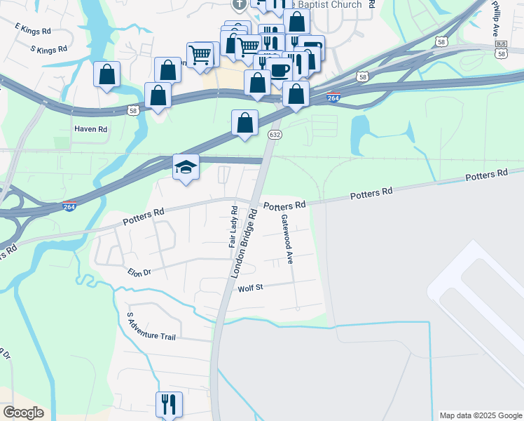 map of restaurants, bars, coffee shops, grocery stores, and more near 2253 Potters Road in Virginia Beach