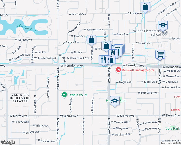map of restaurants, bars, coffee shops, grocery stores, and more near 6743 North Dolores Avenue in Fresno