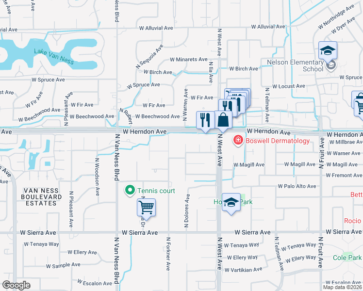map of restaurants, bars, coffee shops, grocery stores, and more near 6743 North Dolores Avenue in Fresno