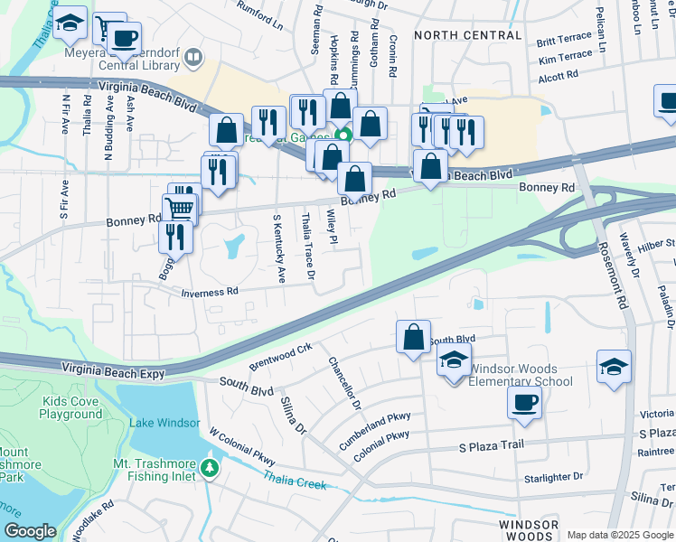 map of restaurants, bars, coffee shops, grocery stores, and more near 276 Thalia Trace Drive in Virginia Beach