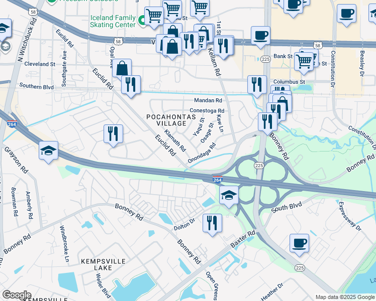map of restaurants, bars, coffee shops, grocery stores, and more near 4872 Klamath Road in Virginia Beach