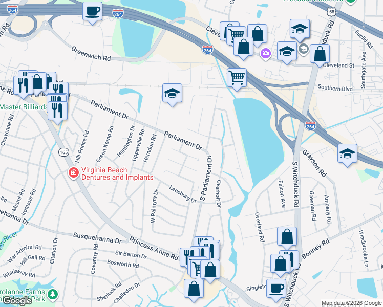 map of restaurants, bars, coffee shops, grocery stores, and more near 5322 Leicester Court in Virginia Beach