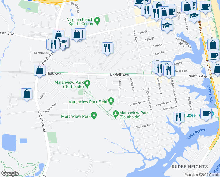 map of restaurants, bars, coffee shops, grocery stores, and more near 1007 Lands End Way in Virginia Beach