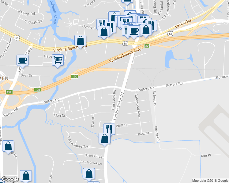 map of restaurants, bars, coffee shops, grocery stores, and more near Fair Lady Road in Virginia Beach