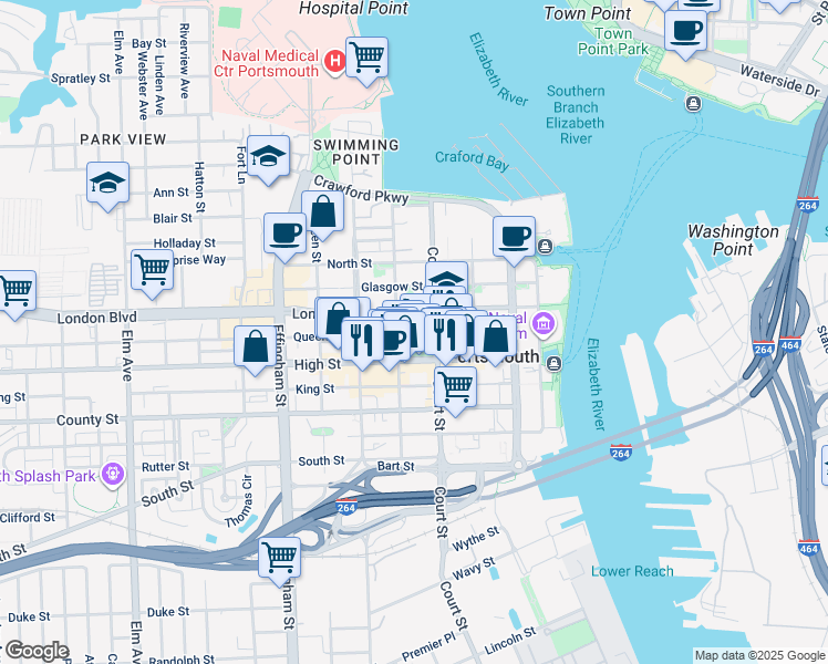 map of restaurants, bars, coffee shops, grocery stores, and more near in Portsmouth