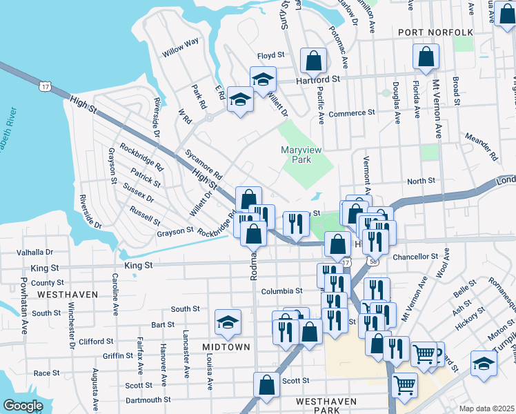 map of restaurants, bars, coffee shops, grocery stores, and more near 3636 High Street in Portsmouth