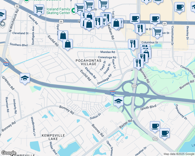 map of restaurants, bars, coffee shops, grocery stores, and more near 4872 Klamath Road in Virginia Beach