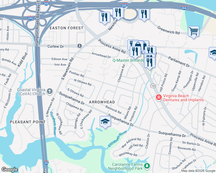 map of restaurants, bars, coffee shops, grocery stores, and more near 5724 Cheyenne Circle in Virginia Beach