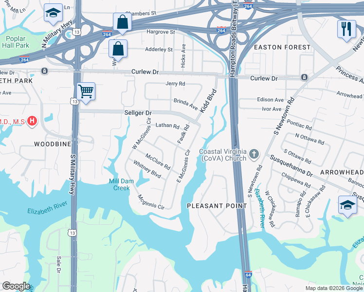 map of restaurants, bars, coffee shops, grocery stores, and more near 246 Faulk Road in Norfolk