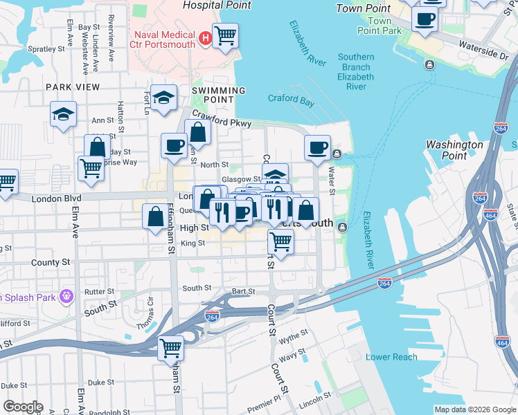 map of restaurants, bars, coffee shops, grocery stores, and more near in Portsmouth
