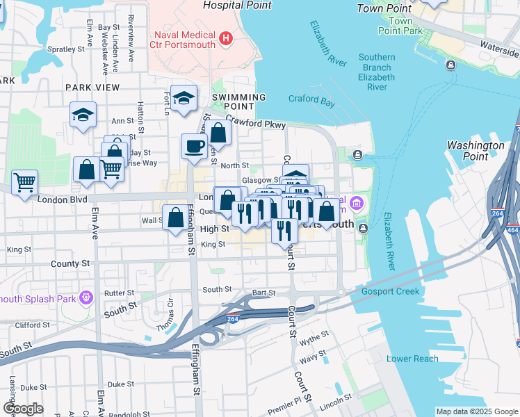 map of restaurants, bars, coffee shops, grocery stores, and more near in Portsmouth
