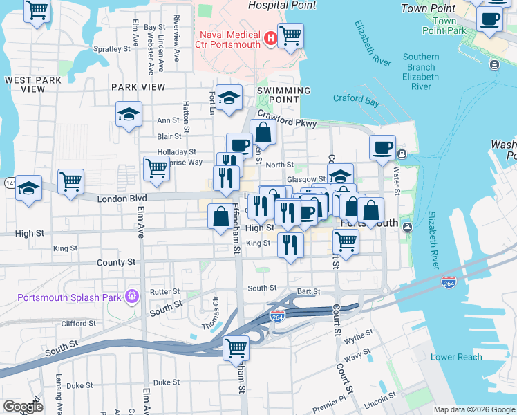 map of restaurants, bars, coffee shops, grocery stores, and more near 632 High Street in Portsmouth