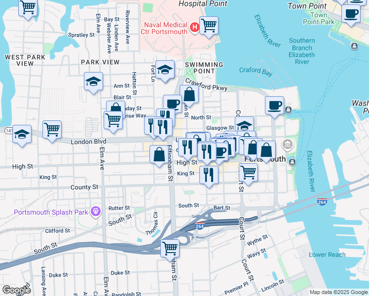 map of restaurants, bars, coffee shops, grocery stores, and more near 632 High Street in Portsmouth