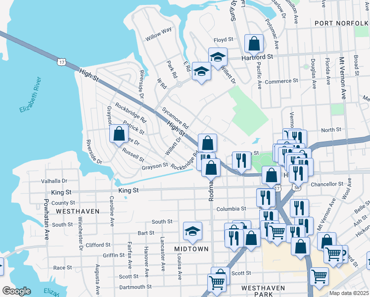 map of restaurants, bars, coffee shops, grocery stores, and more near 3650 Western Branch Boulevard in Portsmouth