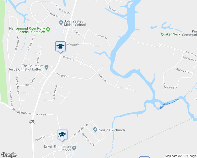 map of restaurants, bars, coffee shops, grocery stores, and more near 122 Brittany Lane in Suffolk