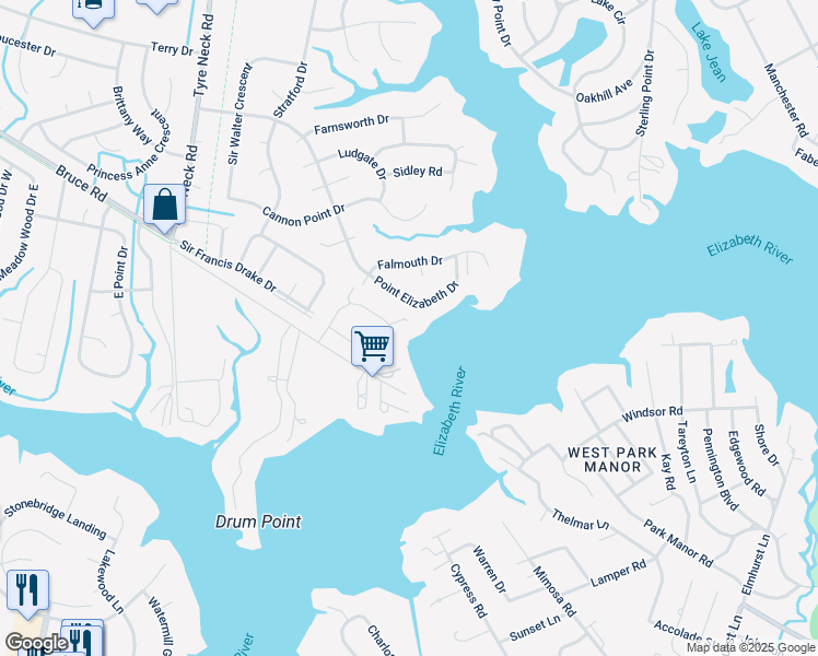 map of restaurants, bars, coffee shops, grocery stores, and more near 2948 Bruce Station in Chesapeake