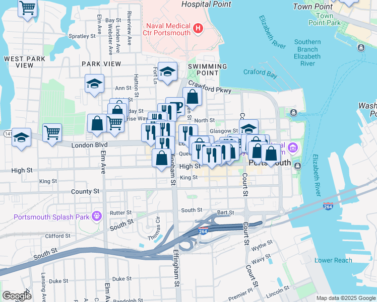 map of restaurants, bars, coffee shops, grocery stores, and more near 632 High Street in Portsmouth