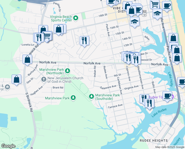 map of restaurants, bars, coffee shops, grocery stores, and more near 1012 Lands End Way in Virginia Beach