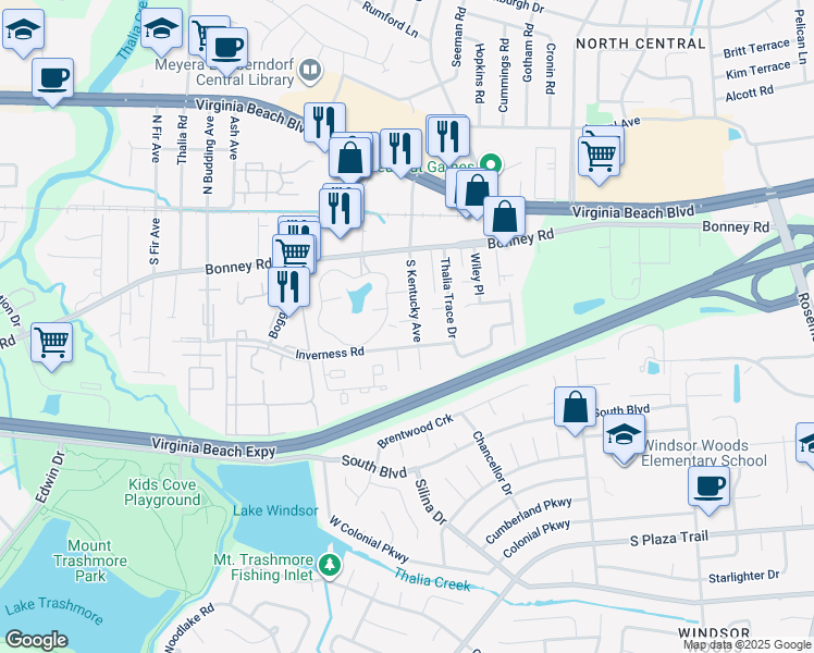 map of restaurants, bars, coffee shops, grocery stores, and more near 3901 Prominence Place in Virginia Beach