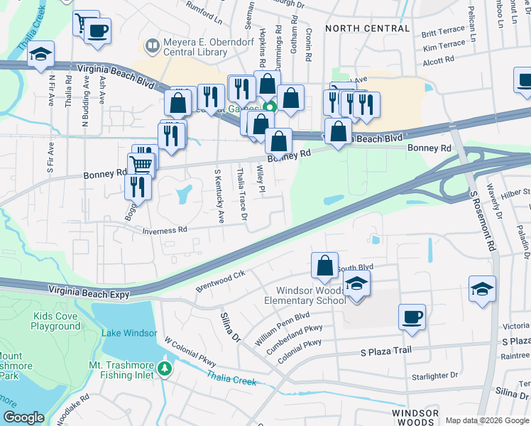 map of restaurants, bars, coffee shops, grocery stores, and more near 255 Thalia Trace Drive in Virginia Beach
