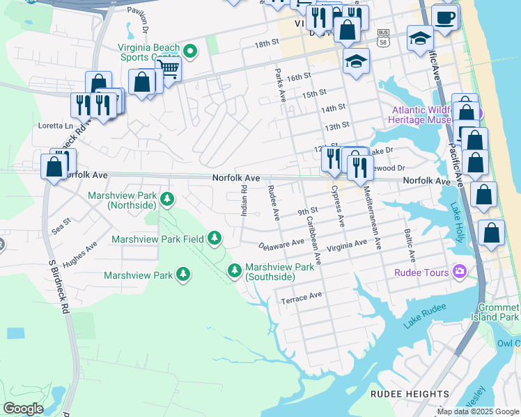 map of restaurants, bars, coffee shops, grocery stores, and more near 909 Maryland Avenue in Virginia Beach